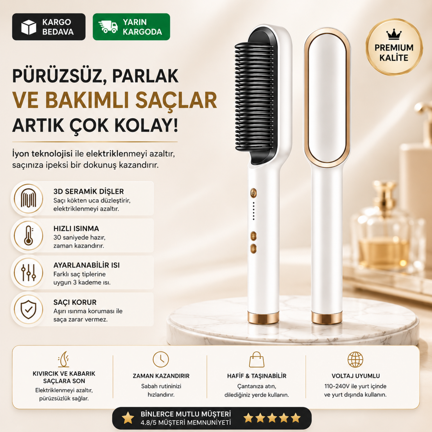 Seramik Isıtmalı Iyonlu Saç Düzleştirici Tarak